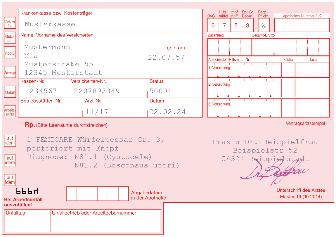 Ein ausgefülltes Muster-16-Rezept mit einer beispielhaften Diagnose, um ein Pessar per Rezept zu verschreiben.